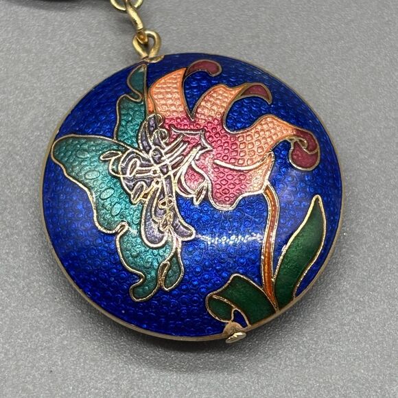 Vintage Cloisonne Enamel Butterfly Lily Pendant Necklace Blue Double Sided 24" - Picture 9 of 9